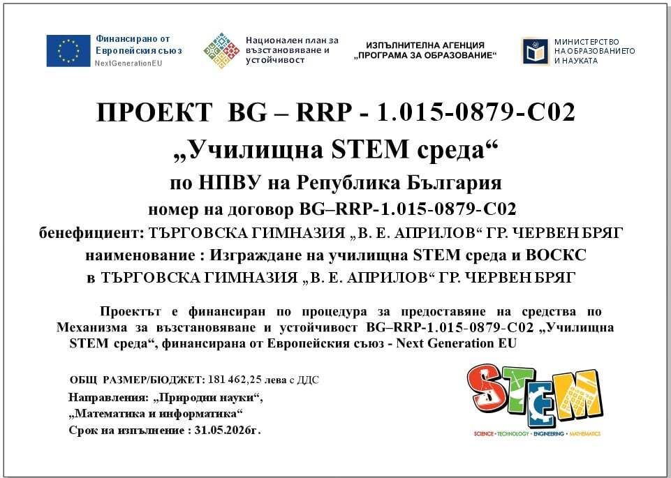 Успешно финализиран проект за изграждане на STEM център и ВОСКС в Търговска гимназия „Васил Евстатиев Априлов“ – гр. Червен бряг